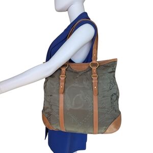 Lauren Ralph Lauren Olive Green Nylon Tote with Tan Leather Trim